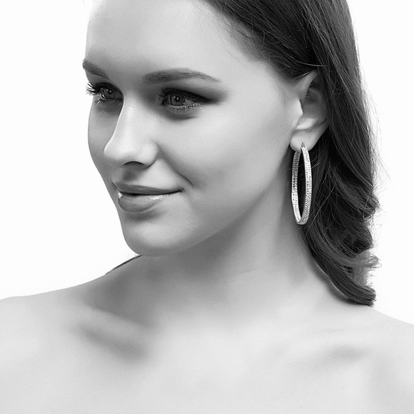 Woman’s Gold Pave’ Large Gold Hoop Earrings - Picture 6 of 8